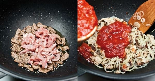 Мясная солянка на сковороде с тремя видами мяса
